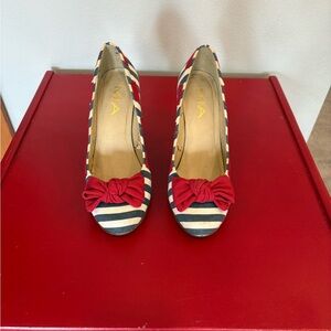 MIA Navy and White Striped Round Toe Heels with Red Bow